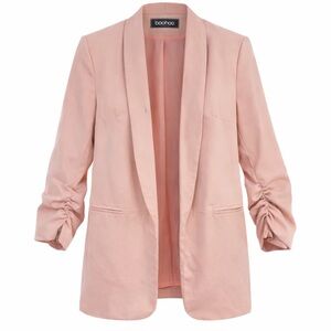 Boohoo Blush Pink Ruched Sleeve Blazer Size L – Open Front Work Office Jacket